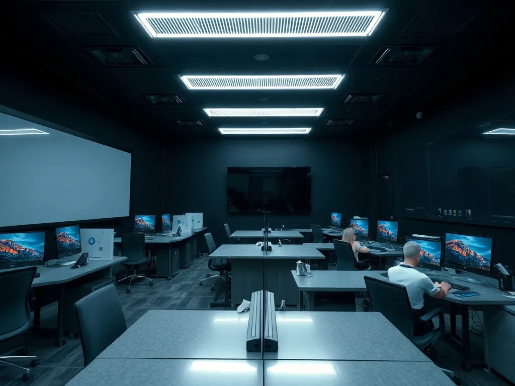 A modern high-tech classroom in a small European town, sleek